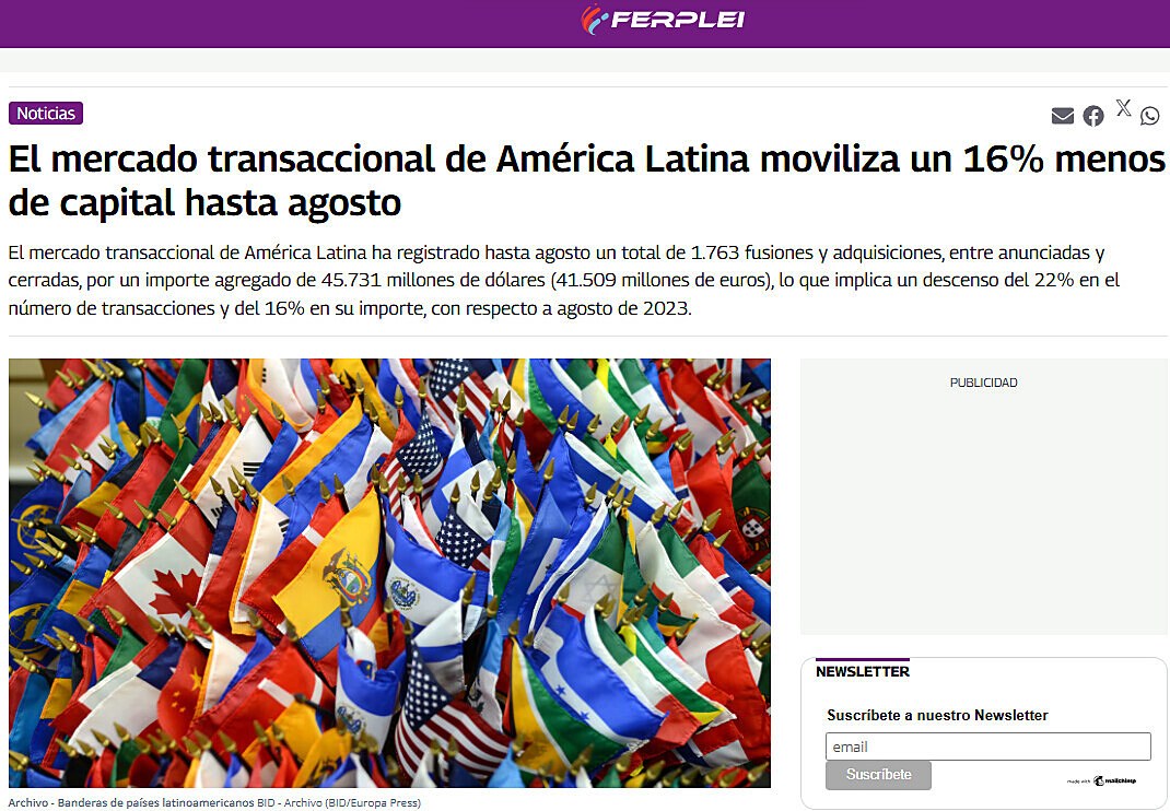 El mercado transaccional de Amrica Latina moviliza un 16% menos de capital hasta agosto